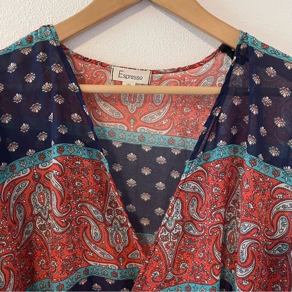 Espresso Colorblock Floral Paisley Kimono Open Cardigan Longline Rust Blue-2X - Picture 3 of 8